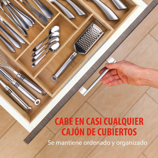 alpina Organizador Cajones - Cubertos para Cajon Cocina Extensible 46x34-56,5x6 cm - Caja Organizadora para Utensilios hasta 8 Compartimentos - Para Utensilios de Cocina, Gafas de Sol y Más - Bambú