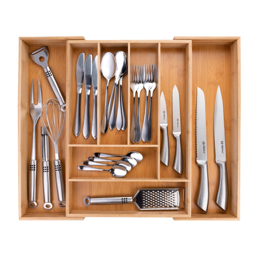 alpina Organizador Cajones - Cubertos para Cajon Cocina Extensible 46x34-56,5x6 cm - Caja Organizadora para Utensilios hasta 8 Compartimentos - Para Utensilios de Cocina, Gafas de Sol y Más - Bambú