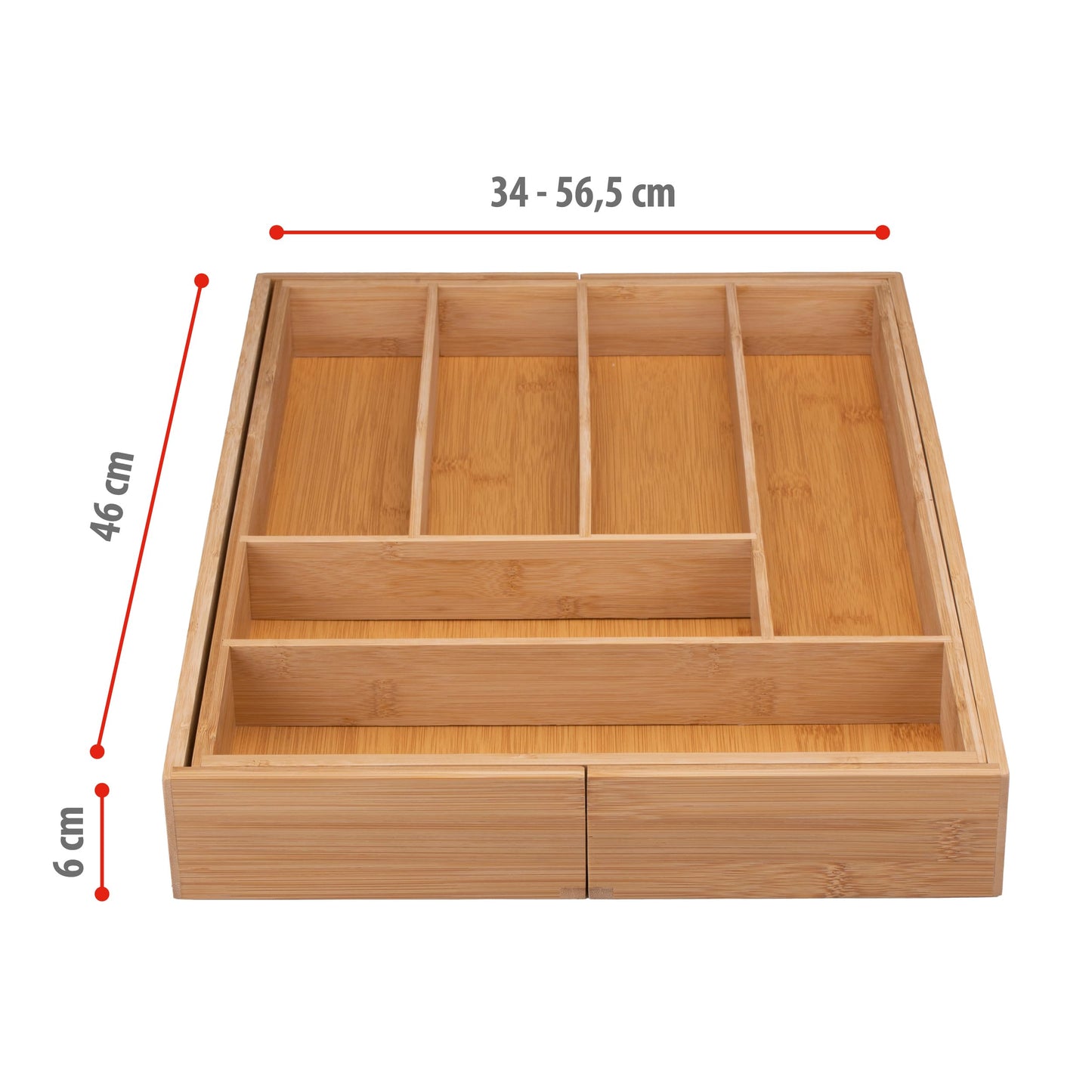alpina Organizador Cajones - Cubertos para Cajon Cocina Extensible 46x34-56,5x6 cm - Caja Organizadora para Utensilios hasta 8 Compartimentos - Para Utensilios de Cocina, Gafas de Sol y Más - Bambú