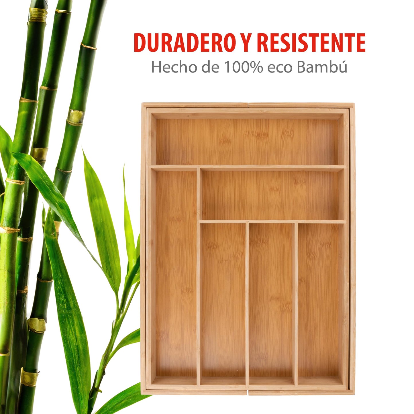 alpina Organizador Cajones - Cubertos para Cajon Cocina Extensible 46x34-56,5x6 cm - Caja Organizadora para Utensilios hasta 8 Compartimentos - Para Utensilios de Cocina, Gafas de Sol y Más - Bambú