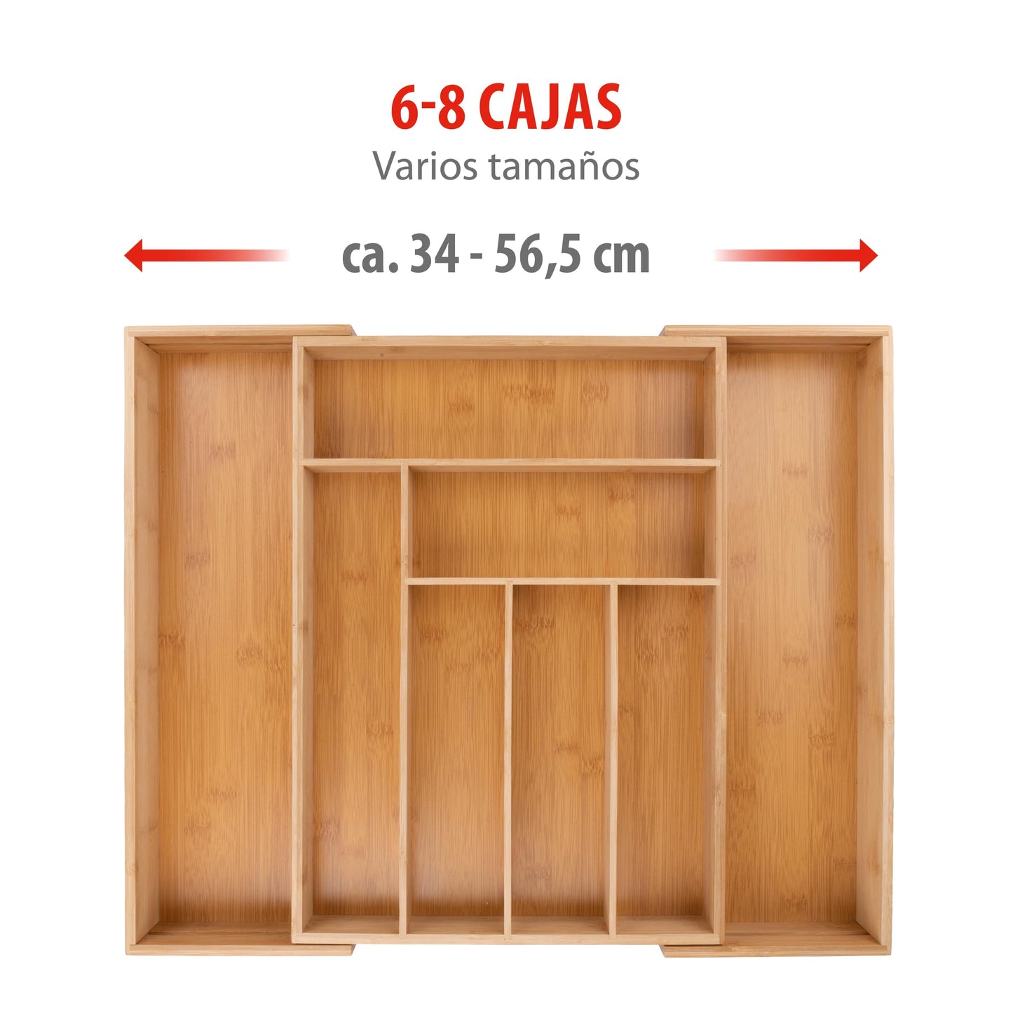 alpina Organizador Cajones - Cubertos para Cajon Cocina Extensible 46x34-56,5x6 cm - Caja Organizadora para Utensilios hasta 8 Compartimentos - Para Utensilios de Cocina, Gafas de Sol y Más - Bambú