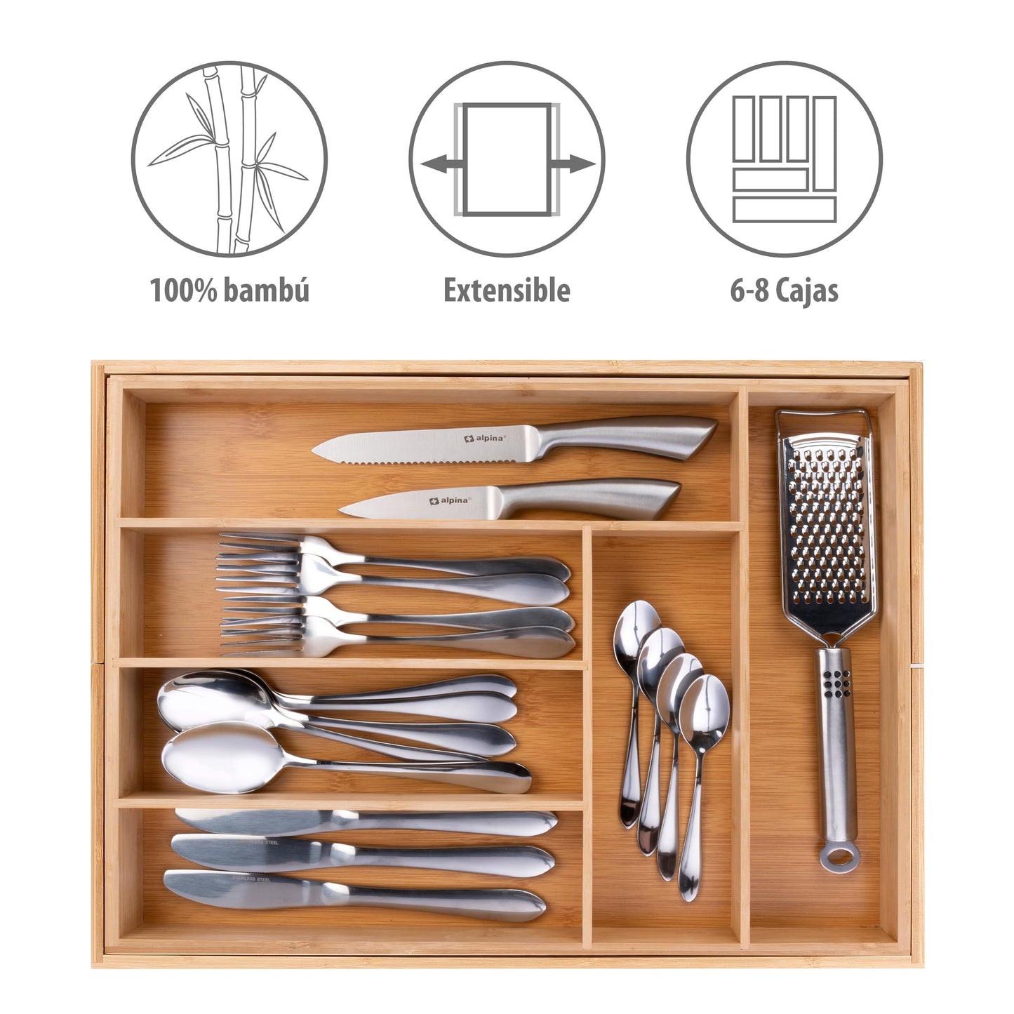 alpina Organizador Cajones - Cubertos para Cajon Cocina Extensible 46x34-56,5x6 cm - Caja Organizadora para Utensilios hasta 8 Compartimentos - Para Utensilios de Cocina, Gafas de Sol y Más - Bambú