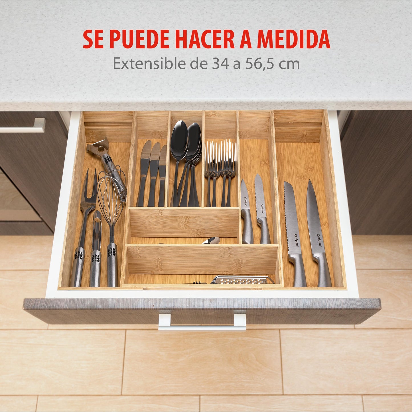 alpina Organizador Cajones - Cubertos para Cajon Cocina Extensible 46x34-56,5x6 cm - Caja Organizadora para Utensilios hasta 8 Compartimentos - Para Utensilios de Cocina, Gafas de Sol y Más - Bambú